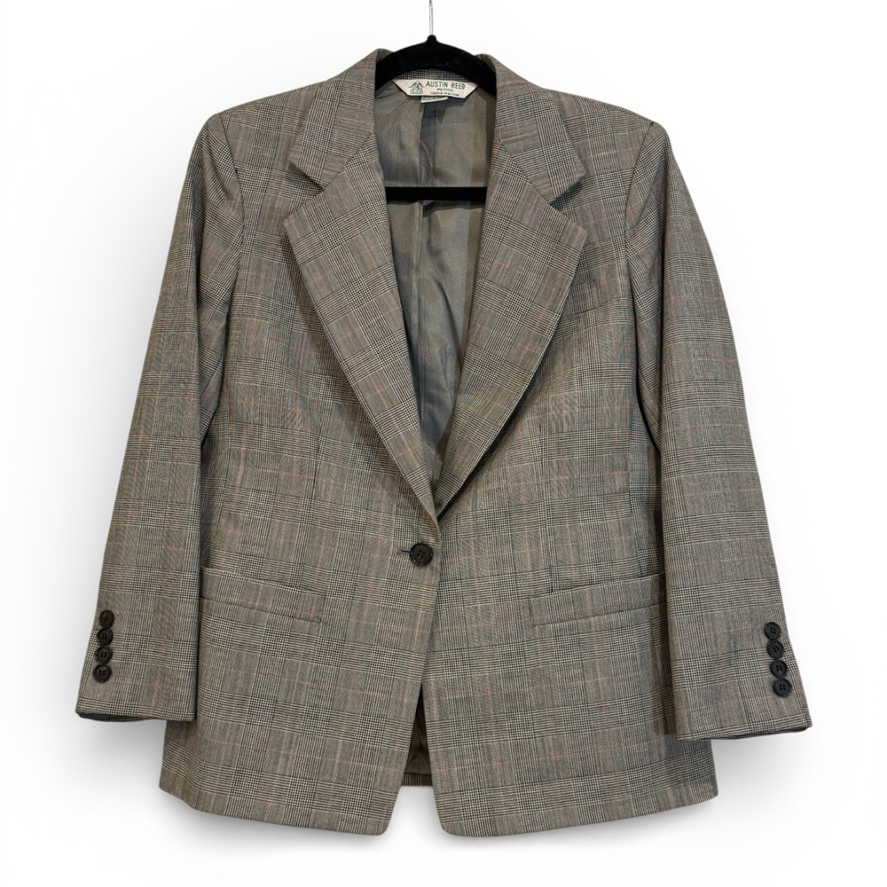 Austin Reed Petite Wool Gray Plaid Blazer for Women, Single-Breasted Size 6